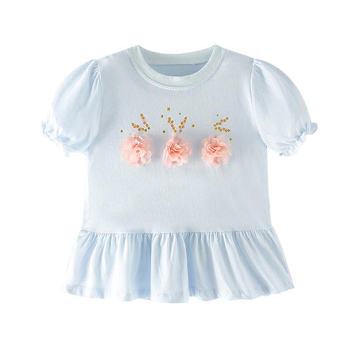 2022 New Summer Girls Cartoon Three-dimensional Flower Decoration Short Sleeve Cotton Round Neck T-shirt